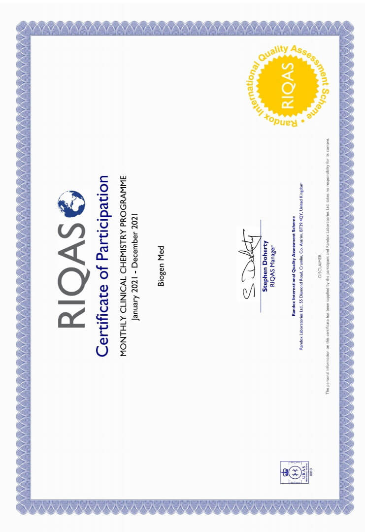 Сертификат об успешном прохождении внешней оценки качества по системe RIQAS (Великобритания). Monthly Clinical Chemistry Programme