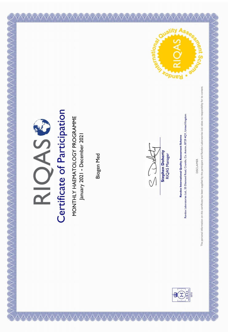 Сертификат об успешном прохождении внешней оценки качества по системe RIQAS (Великобритания). Monthly Haematology Programme