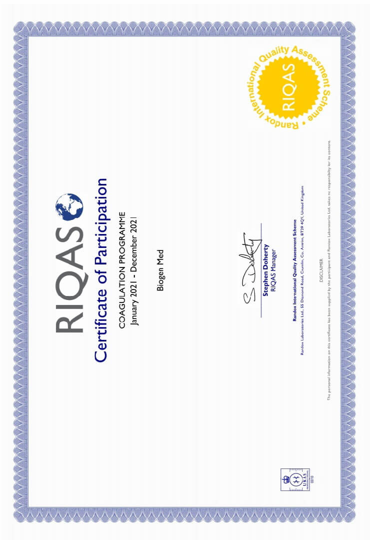 Сертификат об успешном прохождении внешней оценки качества по системe RIQAS (Великобритания). Coagulation Programme